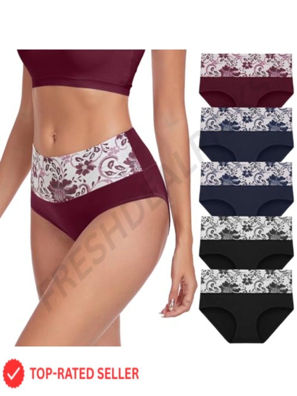 High Waist Cotton Underwear Full Coverage Floral Print Briefs 5 Pack